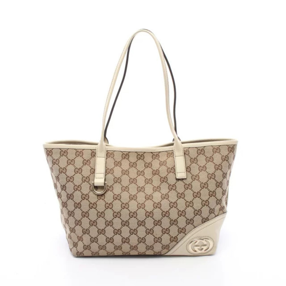 Gucci Brit Tote Bag Canvas Leather Beige Cream Brown Ivory White